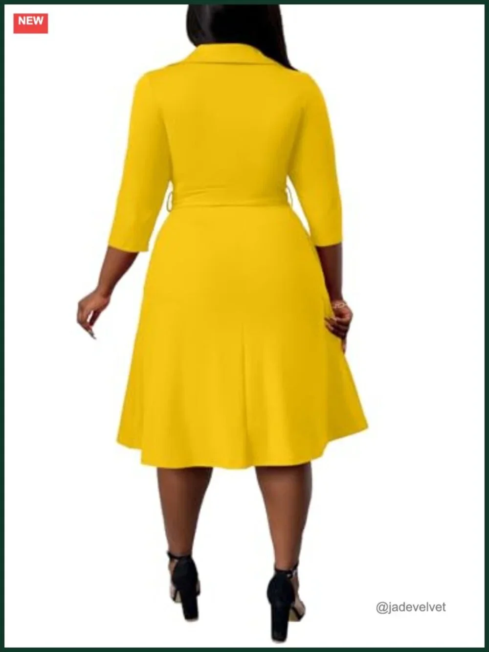 Plus Size A-Line Midi Dress with Pockets & Belt, 3/4 Sleeve V-Neck
